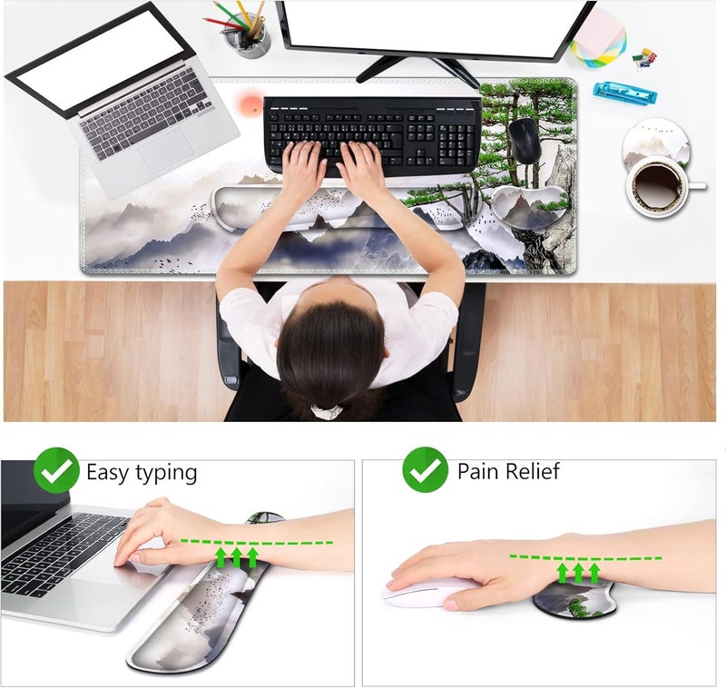 AIMSA Large Gaming Mouse Pad Set, Keyboard Wrist Rest Support + Extended Mouse Pad + Mouse Wrist Cushion + Coaster, Ergonomic Memory Foam Desk Mat 35x15.7in Anti-Slip Base (Pine Tree Mountains) - Image 5